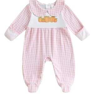 Pink Gingham Baby Bubble Romper Jumpsuit Halloween Pumpkin Fall Girls 0-3 Months